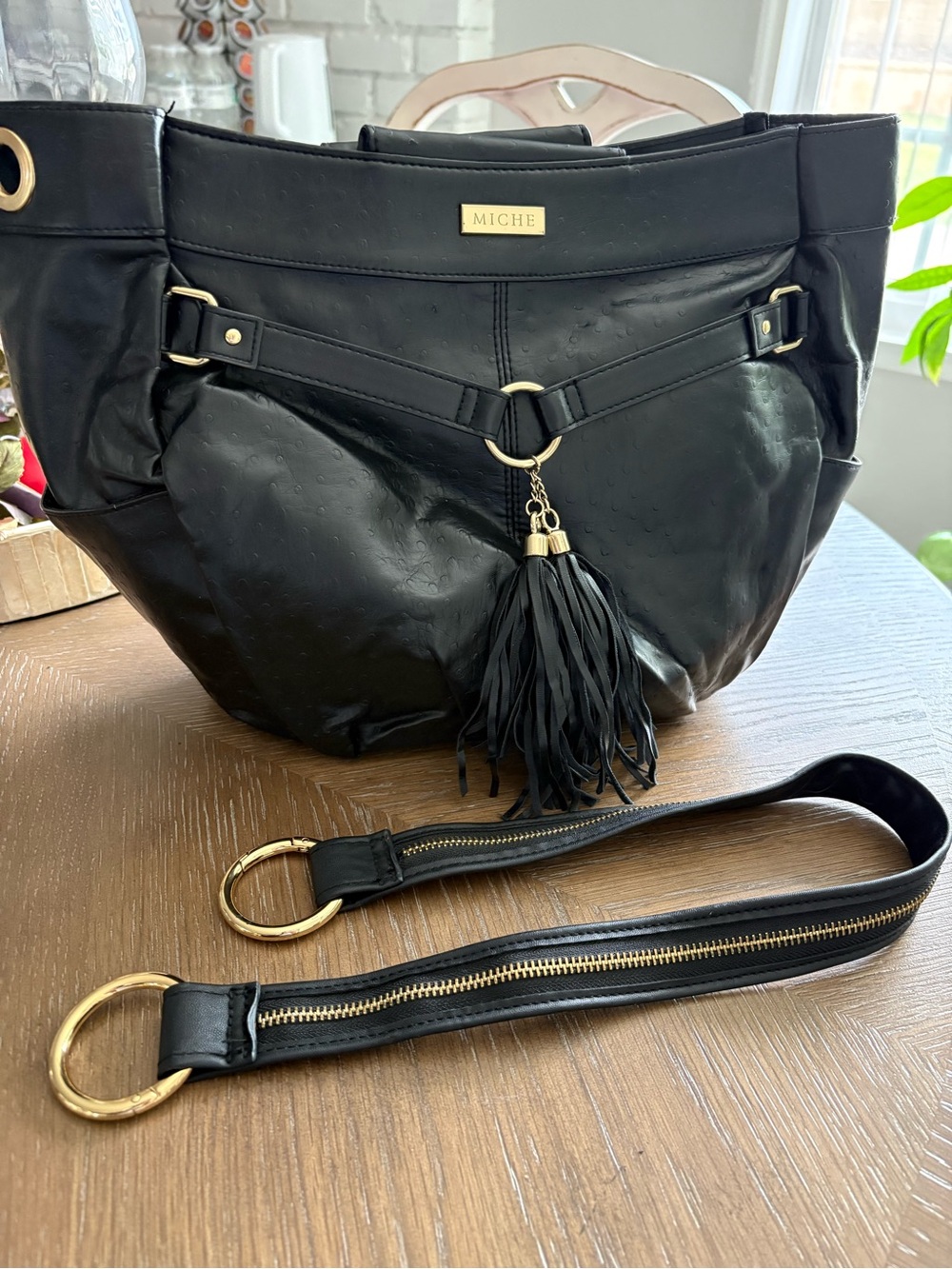 MICHE Black Leather Tote with Tassel and Gold Hardware